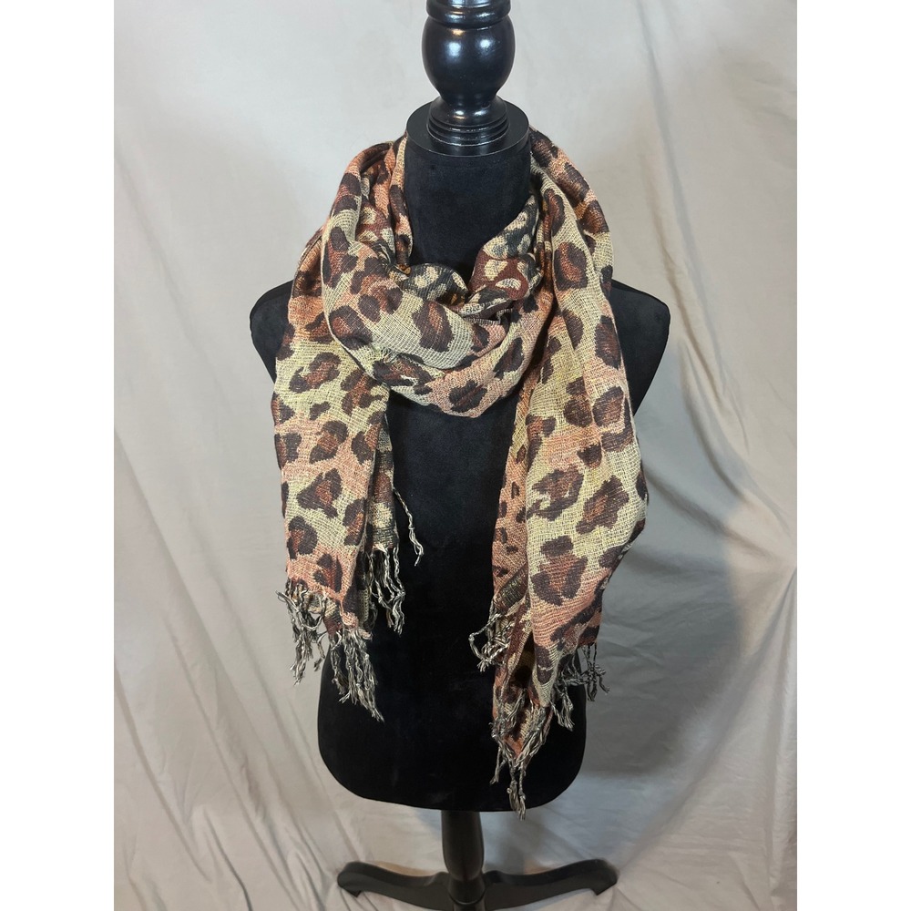 Leopard Print Scarf Brown Gold Metallic Shimmer Fringed Animal Print Wrap